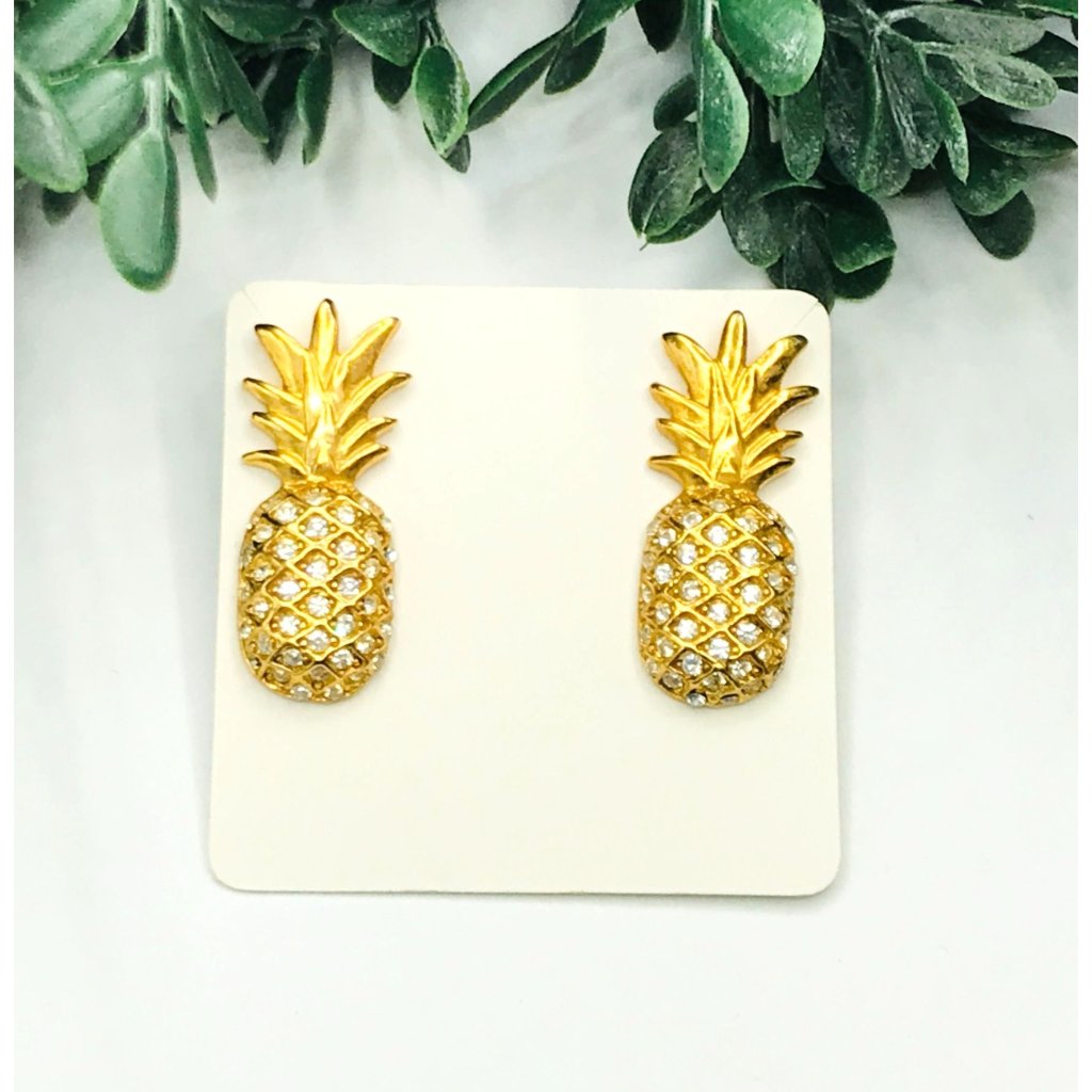 Pineapple Earrings Gold Tone Clear Rhinestones
